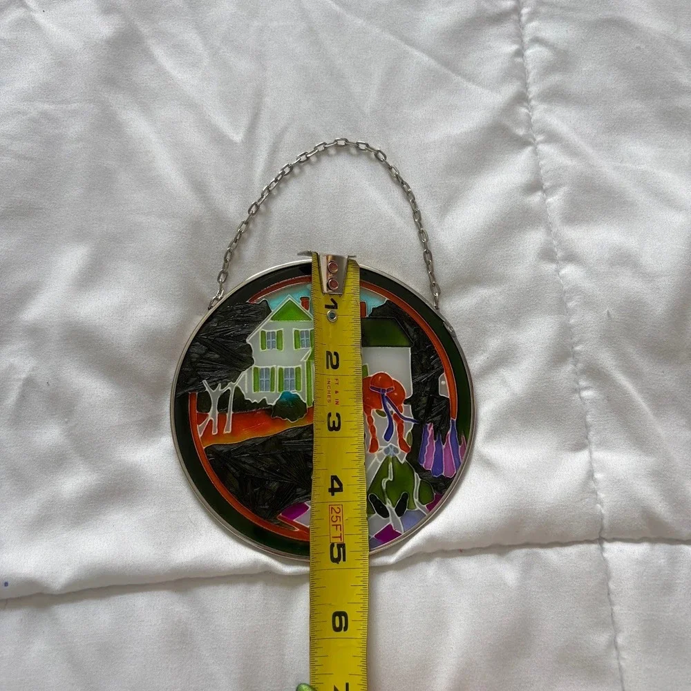 Vintage Stained Glass Suncatcher Farmhouse Girl in Red Hat Window Hanging 5.5